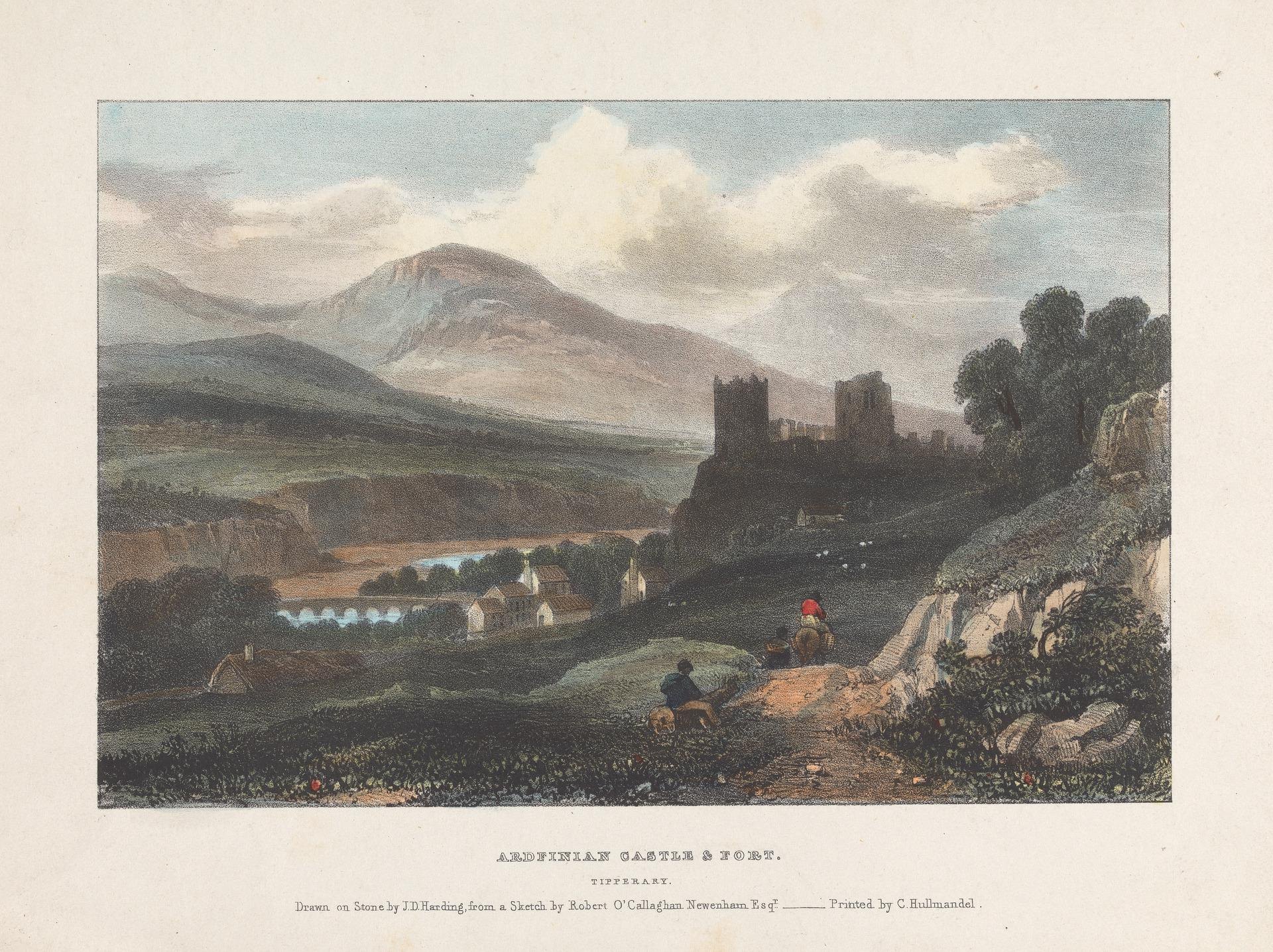 Nineteenth-century colour lithograph of Ardfinnan Castle and Fort